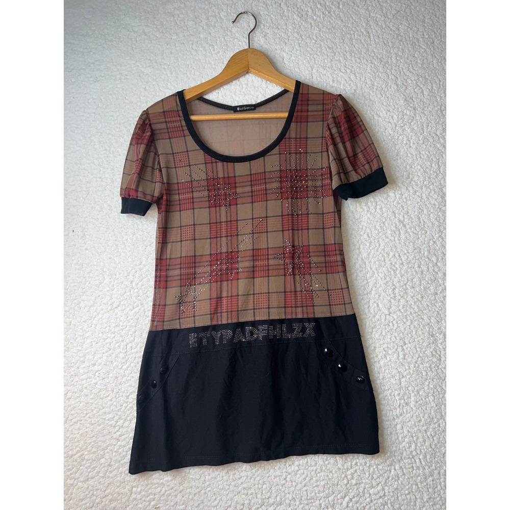 Burberry Plaid Mesh Rhinestone Star Short Sleeve Tunic Top Brown Black Womens